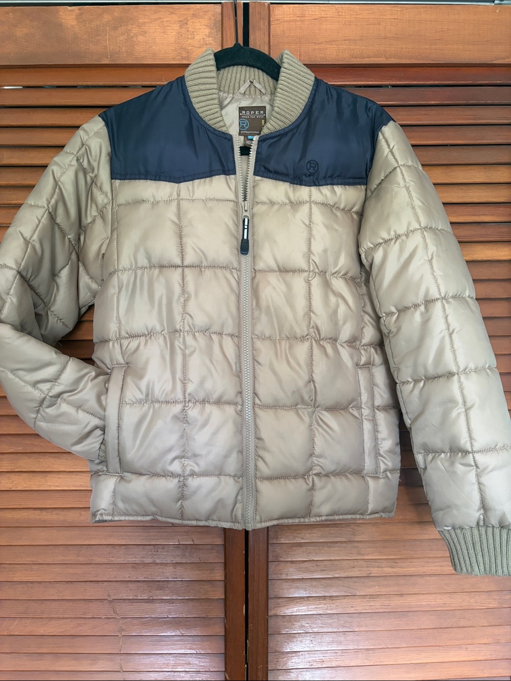 Roper Tan Puffer Jacket with Navy Shoulder Yoke - Kids